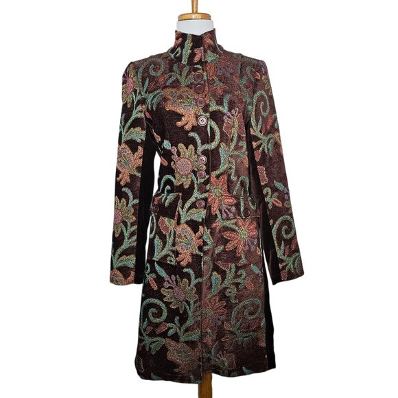 Vintage Tapestry Coat Velvet Inset Jacquard Embroidered Long Boho Jacket Sz S - Picture 1 of 14